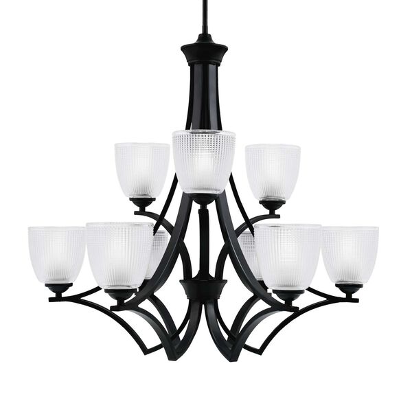 Zilo Matte Black Nine-Light Chandelier with Five-Inch Clear Ribbed Glass, image 1