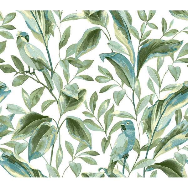 Tropics White Aqua Tropical Love Birds Pre Pasted Wallpaper - SAMPLE SWATCH ONLY, image 2