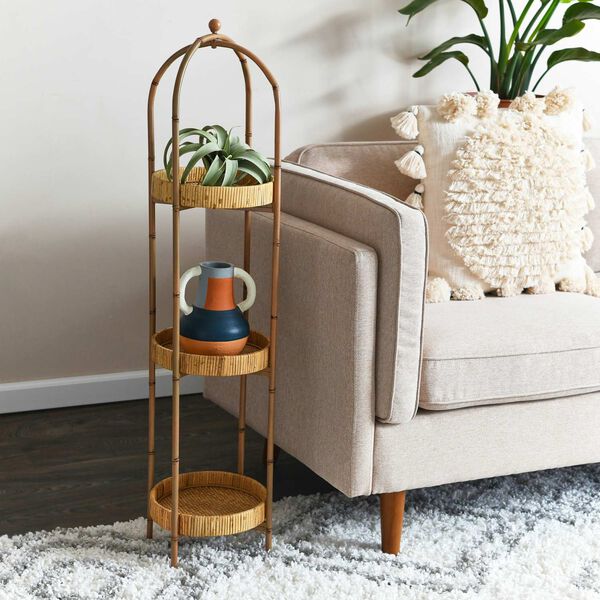 Natural Bamboo Style Metal Shelf With Rattan Tray, image 3