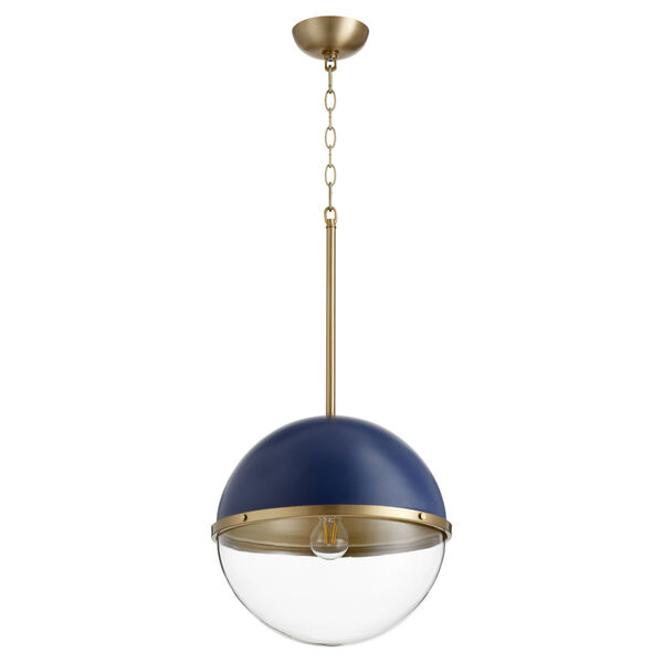 Blue and Aged Brass One-Light 13-Inch Pendant, image 1