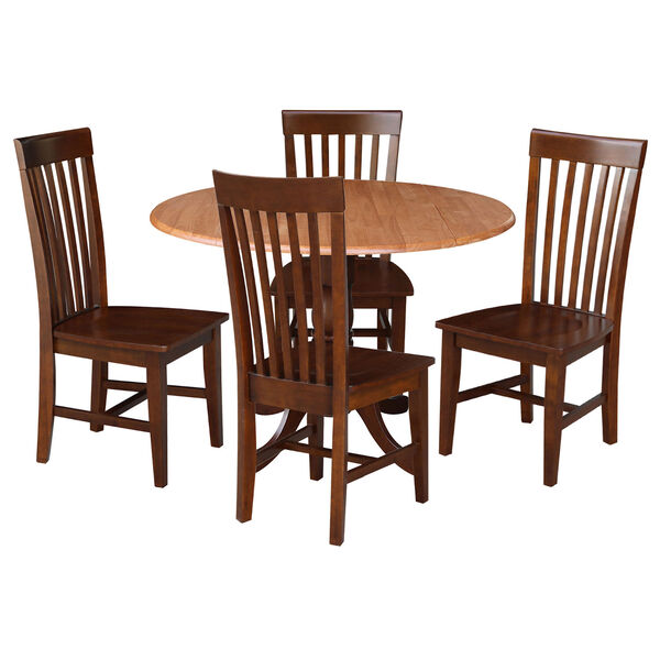 Cinnamon and Espresso 42-Inch Dual Drop Leaf Table with Four Slat Back Dining Chair, Five-Piece, image 1