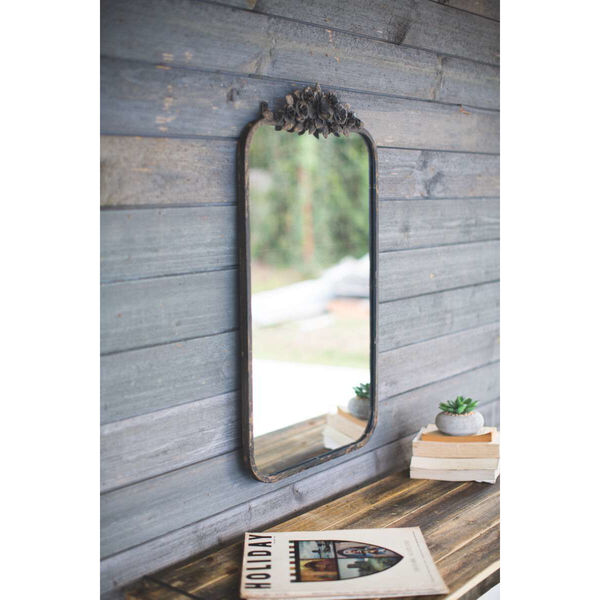 Rustic Grey Rectangle Metal Wall Mirror with Flower Details, image 1