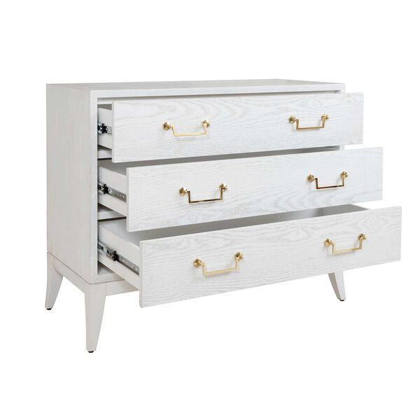 Avis White Washed Oak Sabre Leg 3 Drawer Chest with Brass Swing Handle, image 3