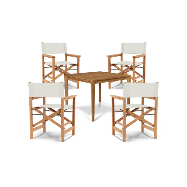 Del Ray Natural Teak  Five-Piece Square Outdoor Dining Set with White Textilene Fabric, image 1
