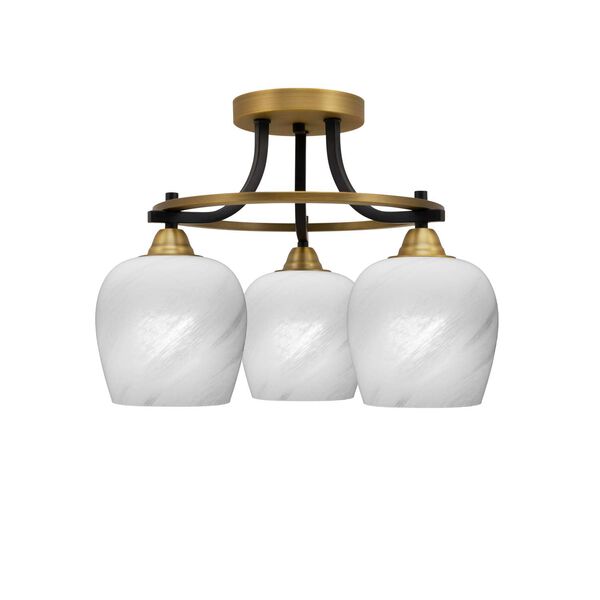 Paramount Matte Black and Brass Three-Light Semi-Flushe with White Marble Glass, image 1