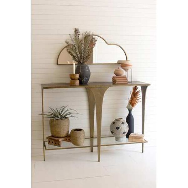 Rattan Wood Antique Brass and Glass Sofa Table, image 2