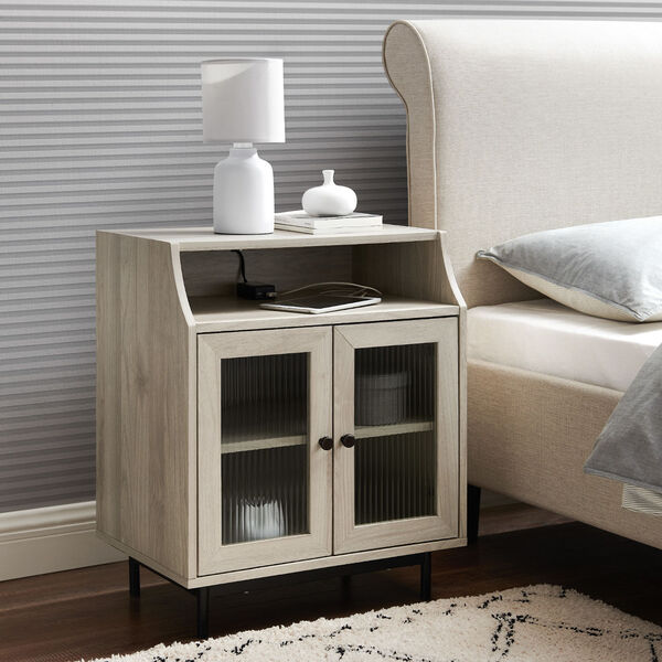 Birch Fluted Glass Two Door Nightstand with USB, image 1
