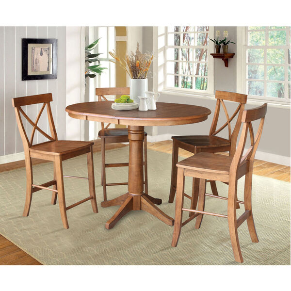 Distressed Oak 36-Inch Round Extension Dining Table with Four X-Back Stool, image 3