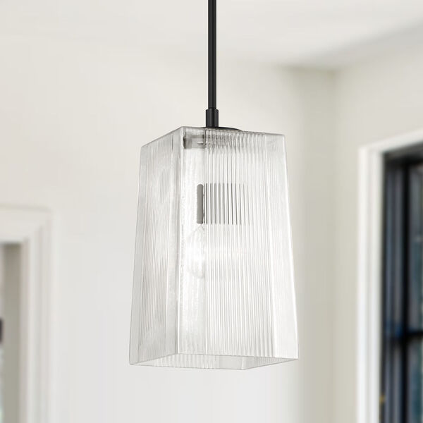 Lexi Matte Black One-Light Tapered Rectangular Pendant with Clear Fluted Glass, image 3