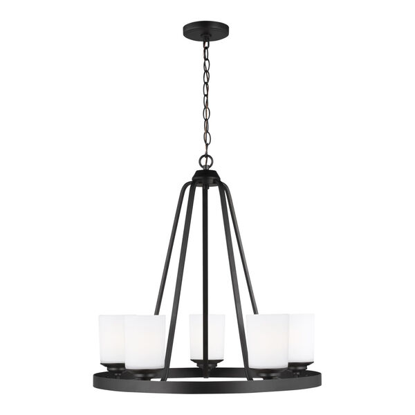 Kemal Midnight Black Five-Light Chandelier with Etched White Inside Shade, image 1