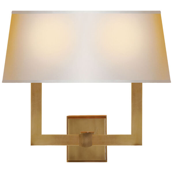 Square Tube Double Sconce in Hand-Rubbed Antique Brass with Natural Paper Single Shade by Chapman and Myers, image 1