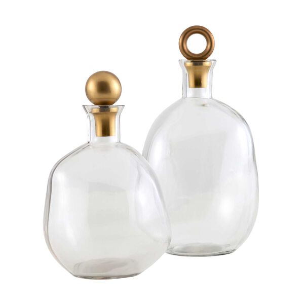 Frances Clear Glass Antique Brass Decanters, Set of Two, image 1
