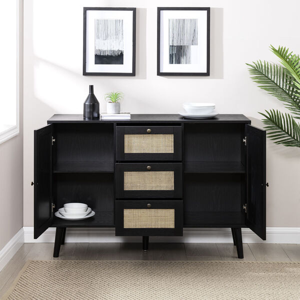 Black Solid Wood and Rattan Sideboard with Three Drawers, image 3