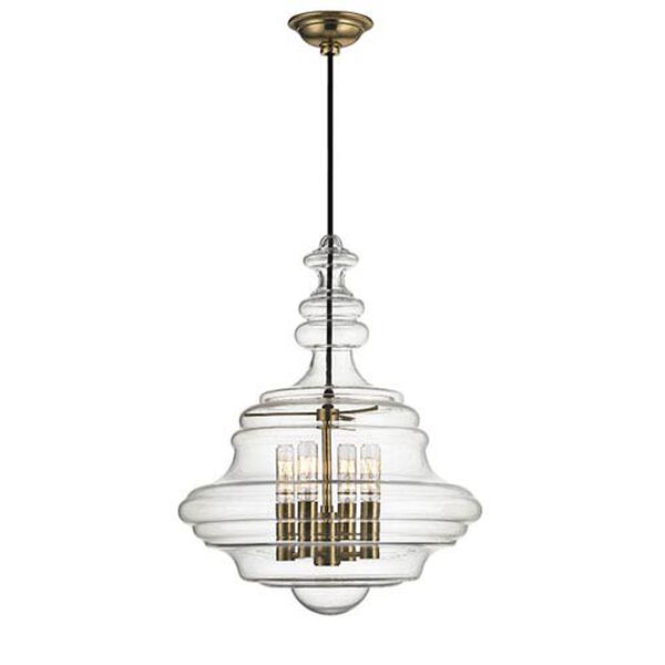 Zoe Aged Brass Four-Light Pendant with Clear Glass, image 1
