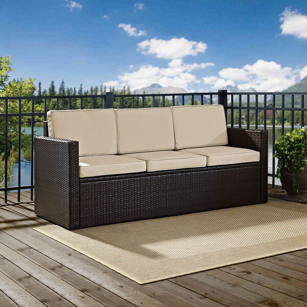 Palm Harbor Outdoor Wicker Sofa in Brown With Sand Cushions, image 1