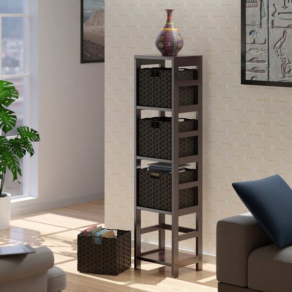 Leo Espresso Storage Shelf with Four Foldable Woven Baskets, 5-Piece, image 2