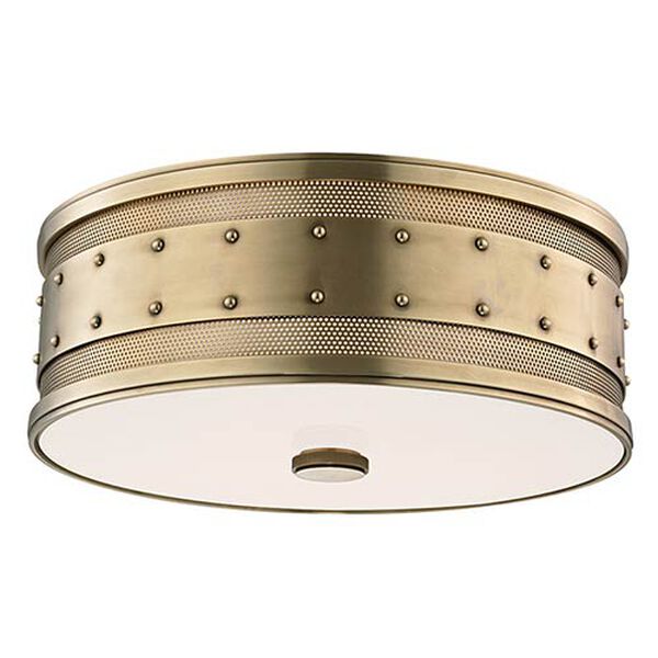 Gaines Aged Brass Three-Light Flush Mount with Frosted Inside-Clear Outside Glass, image 1