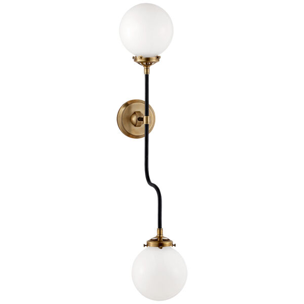 Bistro Double Wall Sconce in Hand-Rubbed Antique Brass with White Glass by Ian K. Fowler, image 1