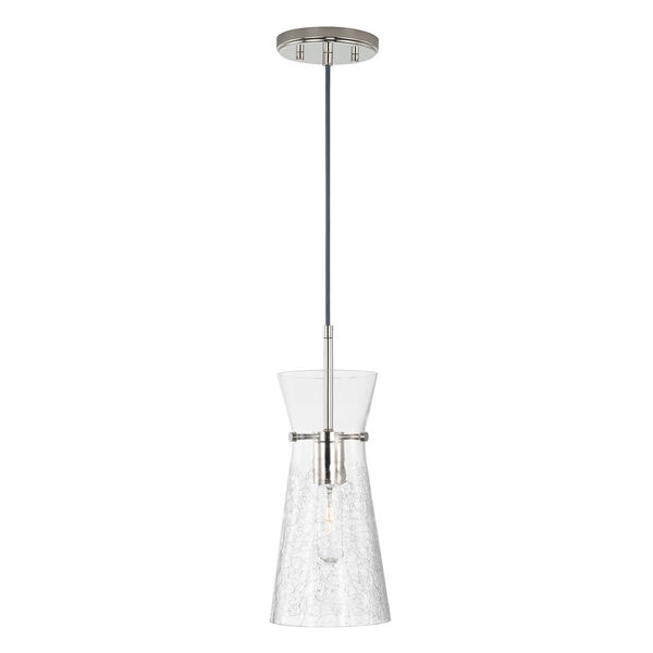 Mila Polished Nickel One-Light Mini Pendant with Clear Half-Crackle Tapered Glass, image 1