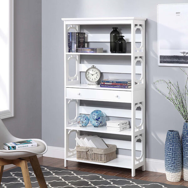 Omega White 5 Tier Bookcase with Drawer, image 1