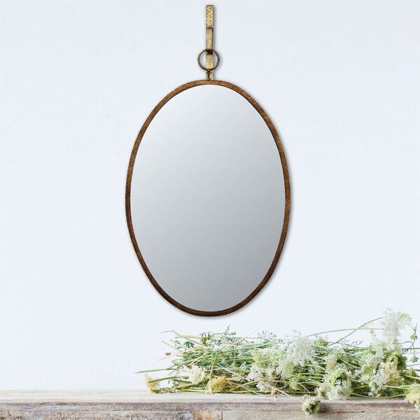 Bronze Oval Metal Framed Wall Mirror with Bracket, image 2