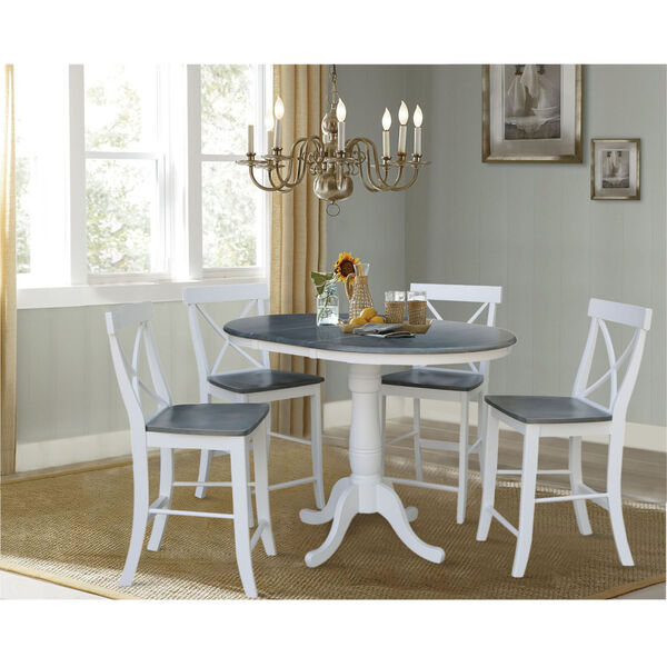 White and Heather Gray 36-Inch Round Extension Dining Table With Four X-Back Counter Height Stools, Five-Piece, image 2