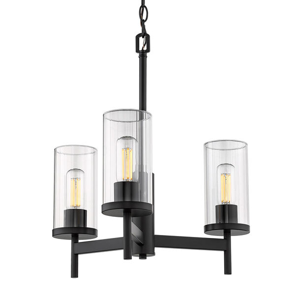 Winslett Matte Black 20-Inch Three-Light Chandelier with Ribbed Clear Glass Shade, image 1