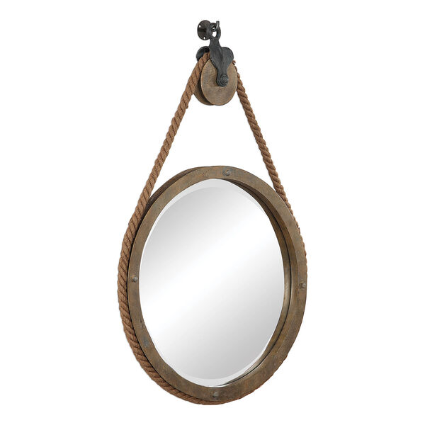 Melton Aged Natural Wood Round Pulley Mirror, image 3