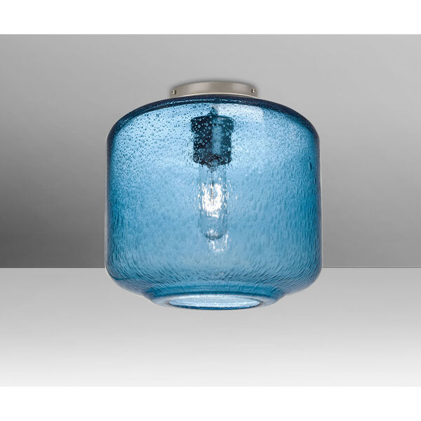 Niles Satin Nickel One-Light Flush Mount With Blue Bubble Glass, image 1
