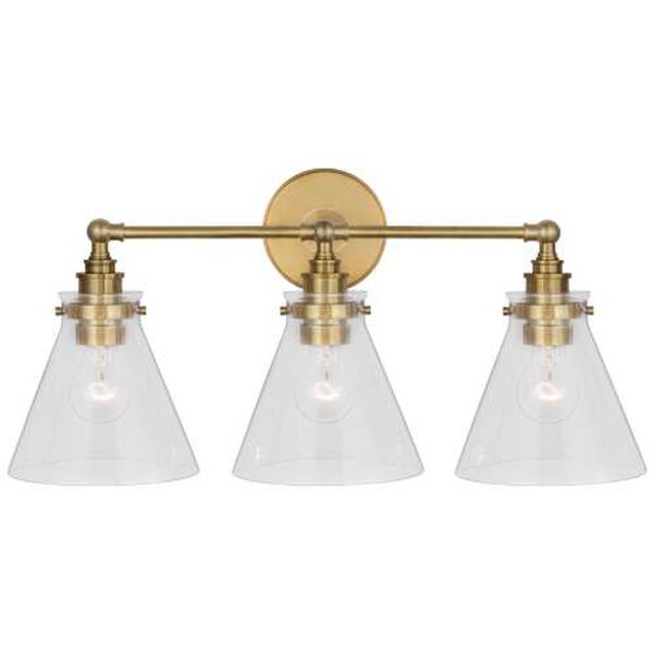 Parkington Antique Brass Three-Light Bath Vanity with Clear Glass by Chapman and Myers, image 1