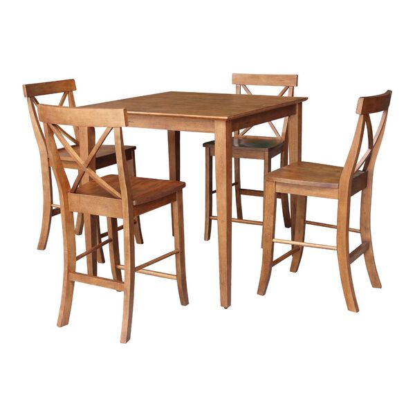 Distressed Oak Counter Height Dining Table with Four X-Back Stools, 5 Piece Set, image 1