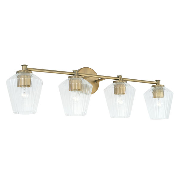 Beau Aged Brass Four-Light Bath Vanity with Clear Fluted Glass Shades, image 1