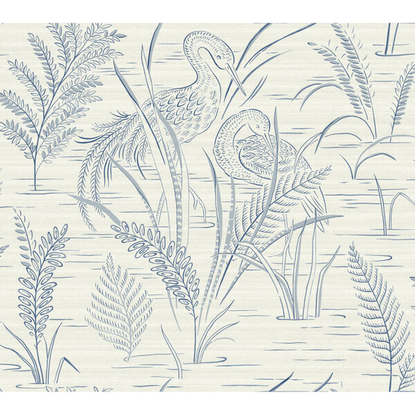 Grandmillennial Blue Fernwater Cranes Pre Pasted Wallpaper, image 2
