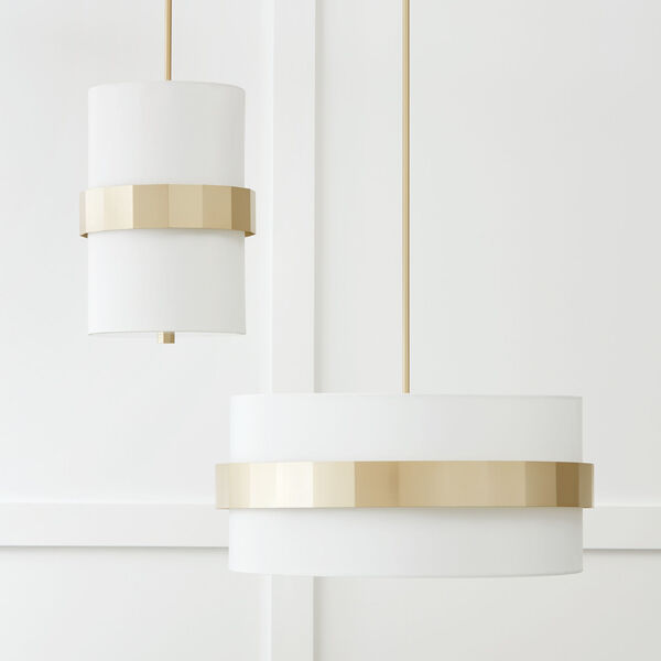 Sutton Soft Gold Two-Light Drum Pendant with White Fabric Shade and Frosted Glass Diffuser, image 3