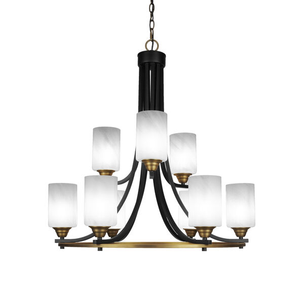 Paramount Matte Black and Brass 29-Inch Nine-Light Chandelier with White Marble Glass Shade, image 1
