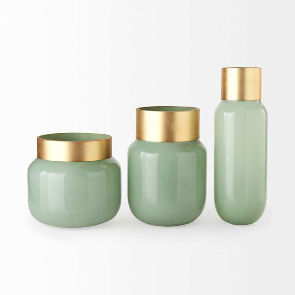 Minty Green Glass Vase with Matte Gold Neck Cuff, image 2