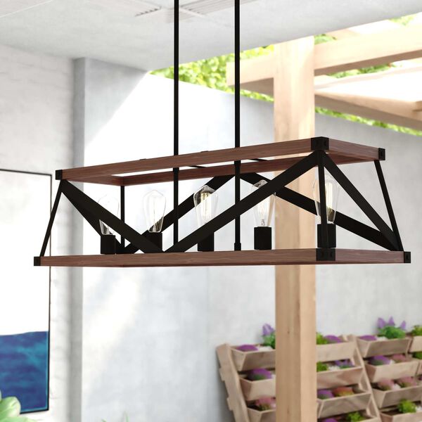 Wade Matte Black and Sycamore Five-Light Linear Chandelier, image 2