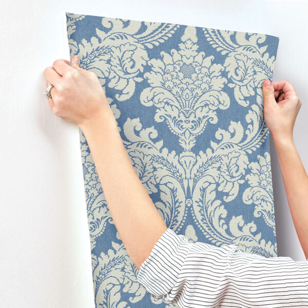 Grandmillennial Blue Tapestry Damask Pre Pasted Wallpaper, image 3