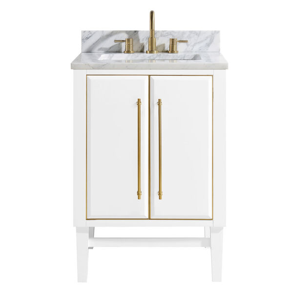 White 25-Inch Bath vanity Set with Gold Trim and Carrara White Marble Top, image 1