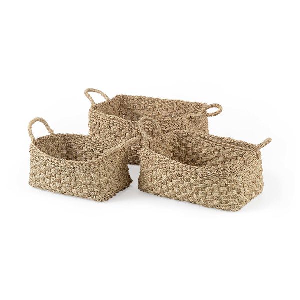 Emra Light Brown Seagrass Rectangular Basket with Handles, Set of 3, image 1