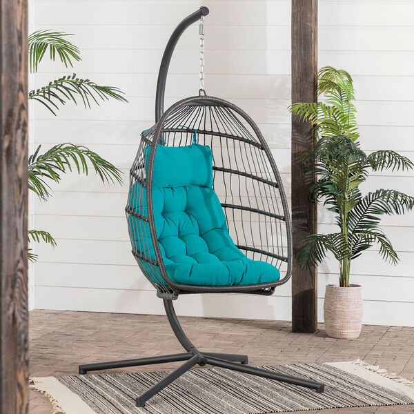 Gray and Teal Outdoor Swing Egg Chair with Stand, image 7