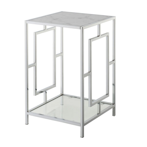 Town Square White Faux Marble and Chrome End Table with Shelf, image 1
