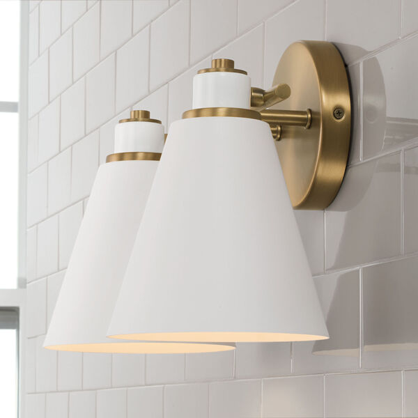 Bradley Aged Brass and White Two-Light Bath Vanity, image 2