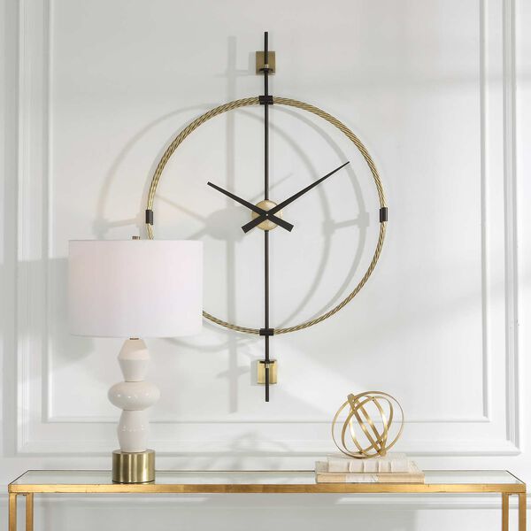 Time Flies Brushed Brass and Satin Black Modern Wall Clock, image 1