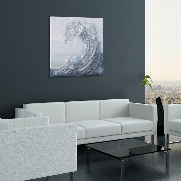 Silver and Blue Crystal Wave Textured Glitter Unframed Hand Painted Wall Art, image 4