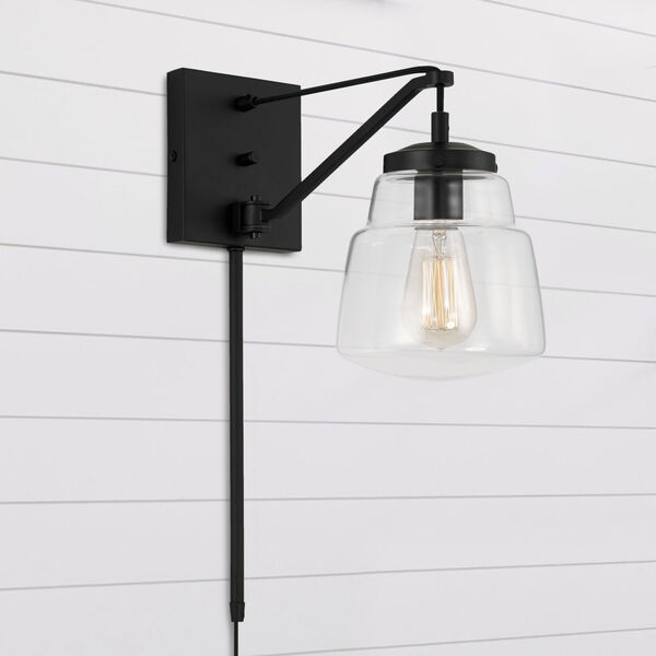 Dillon Matte Black One-Light Dimmable Plug-In Wall Sconce with Clear Glass, image 3