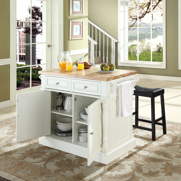 Butcher Block Top Kitchen Island in White Finish with 24-Inch Black Upholstered Saddle Stools, image 3