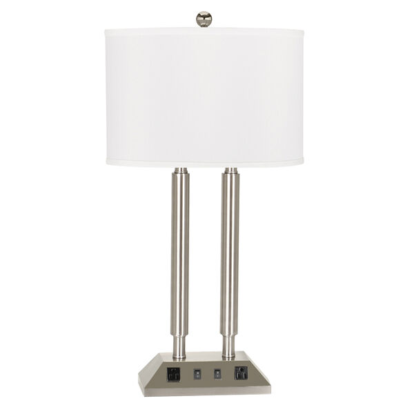 Hotel Brushed Steel Two-Light Desk Lamp with Two Outlets, image 1