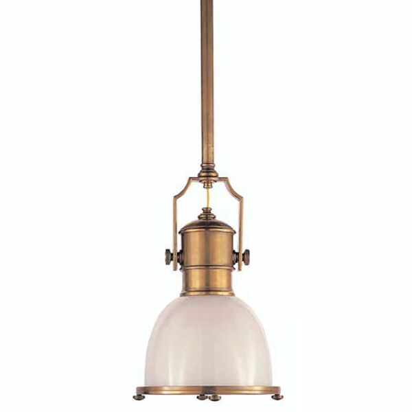 Country Industrial Small Pendant in Antique-Burnished Brass with White Glass Shade by Chapman and Myers, image 1