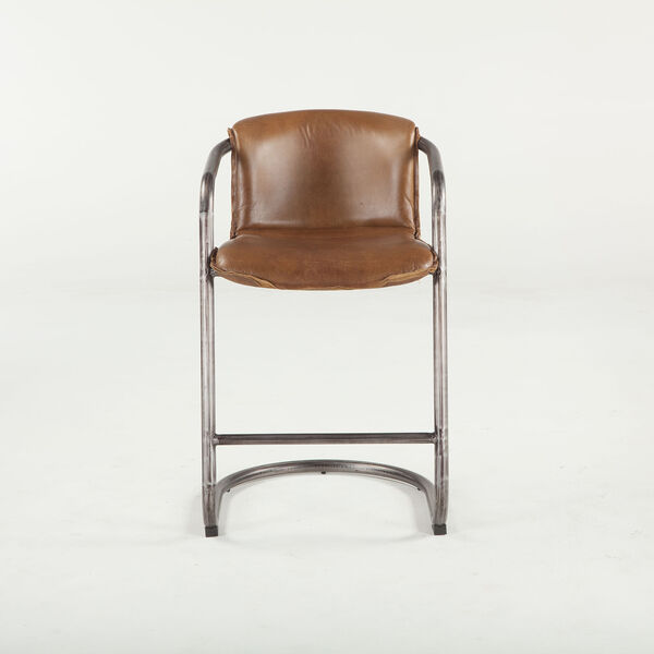 Set of Two Distressed Brown Leather Counter-Height Stools, image 1